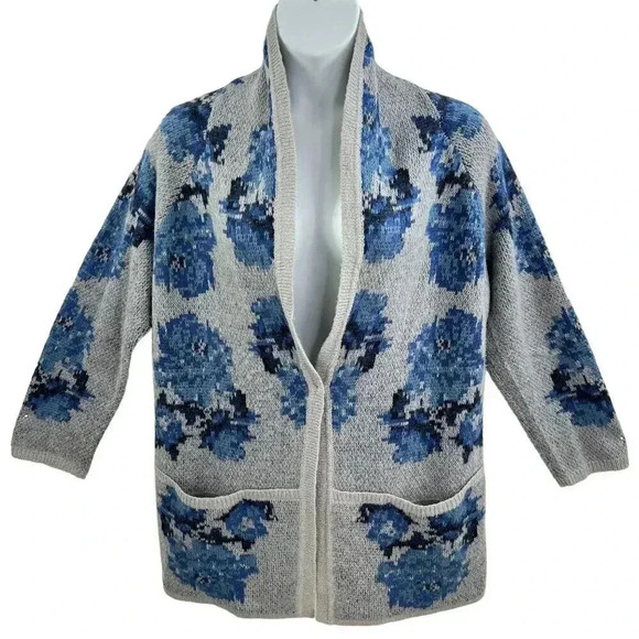 J Jill Vintage 1XL Wool Blend Gray Blue Floral Cardigan Pockets Grandmacore - Picture 1 of 12